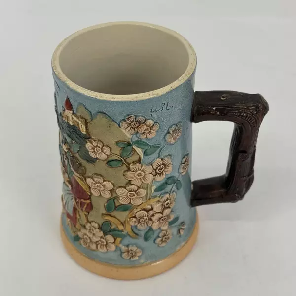 Vtg 0.3 Liter German Ceramic Beer Mug Embossed Landscape And Bar Scene