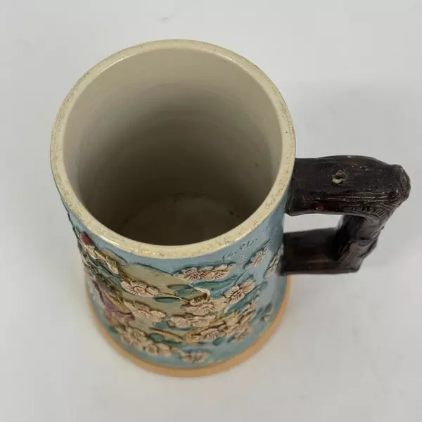 Vtg 0.3 Liter German Ceramic Beer Mug Embossed Landscape And Bar Scene