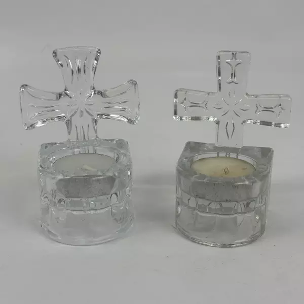 Set of 2 Clear Glass Cross Tealight Candle Holders