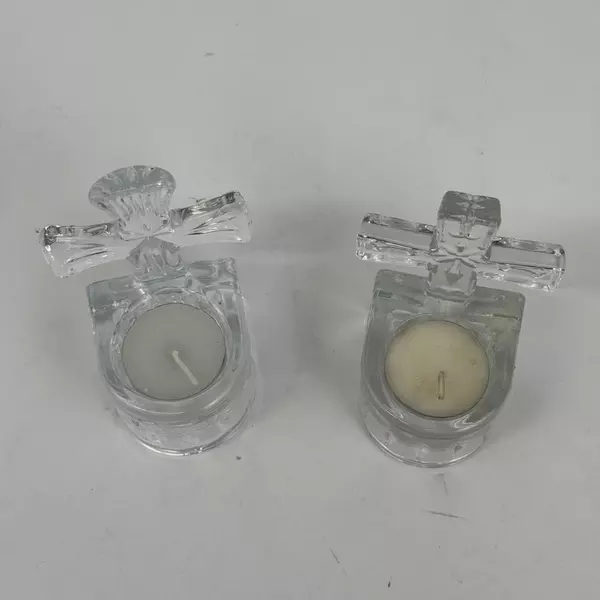 Set of 2 Clear Glass Cross Tealight Candle Holders