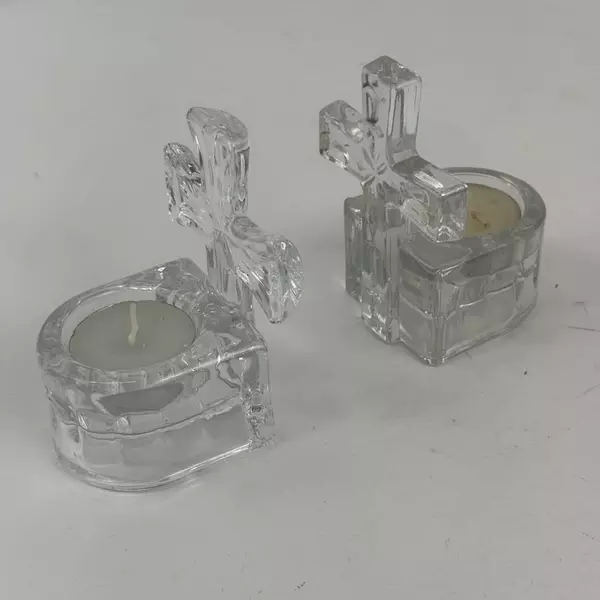 Set of 2 Clear Glass Cross Tealight Candle Holders