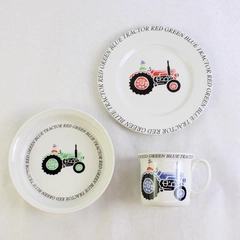 Set Of 3 Queens China Red Blue Green Tractor 3 Piece Children’s Plate Bowl Mug