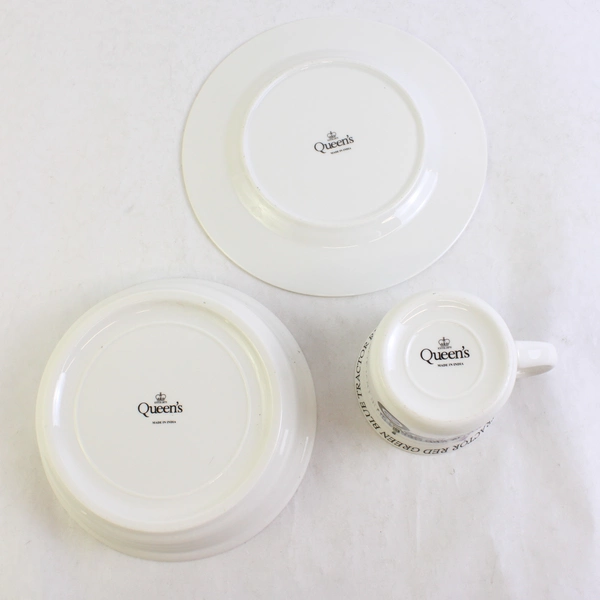 Set Of 3 Queens China Red Blue Green Tractor 3 Piece Children’s Plate Bowl Mug