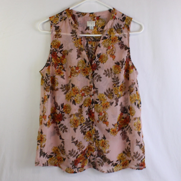 A New Day Sheer Pink and Orange Floral Pattern Sleeveless Blouse Women's Medium