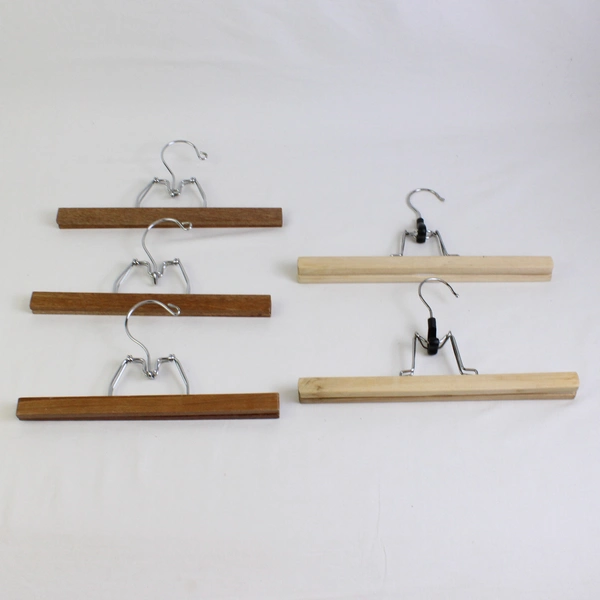 Lot of 5 Vintage Spring Clamp Wooden Pants Hangers With Metal Hooks