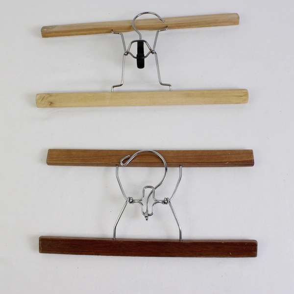 Lot of 5 Vintage Spring Clamp Wooden Pants Hangers With Metal Hooks