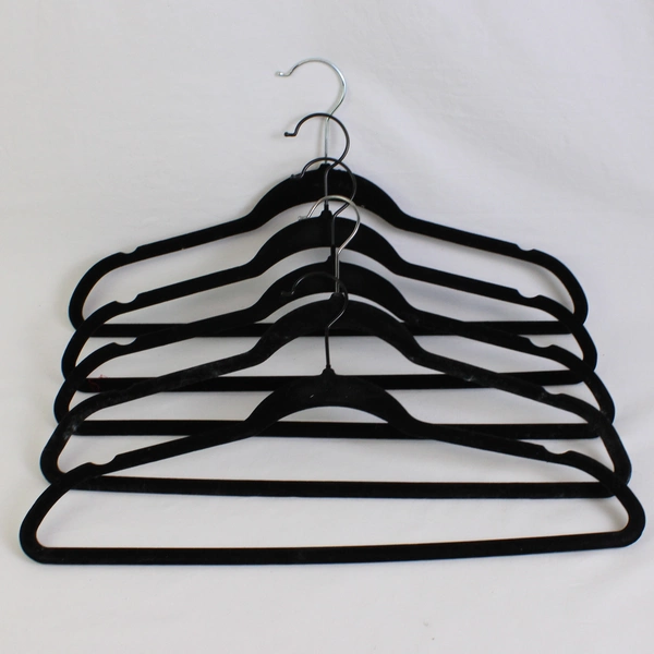 Lot of 5 Black Velvet Non Slip Large Clothes Hangers With Metal Hooks 