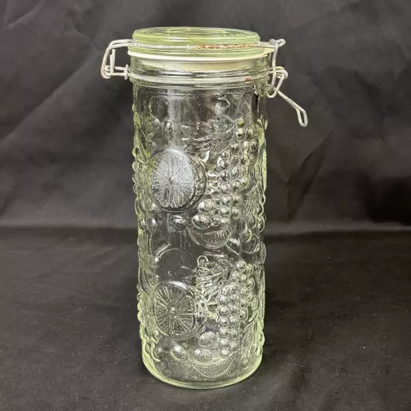 Vintage Embossed Fruits Tall Glass Hinged Wire Bail Lid Spaghetti Storage Jar