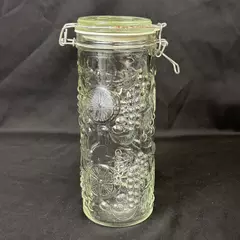 Vintage Embossed Fruits Tall Glass Hinged Wire Bail Lid Spaghetti Storage Jar