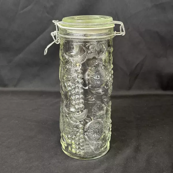 Vintage Embossed Fruits Tall Glass Hinged Wire Bail Lid Spaghetti Storage Jar