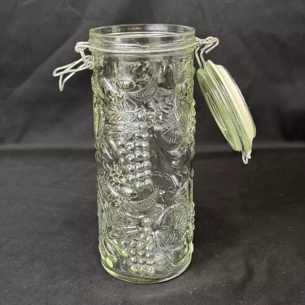 Vintage Embossed Fruits Tall Glass Hinged Wire Bail Lid Spaghetti Storage Jar