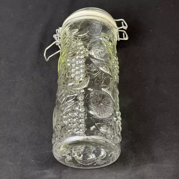 Vintage Embossed Fruits Tall Glass Hinged Wire Bail Lid Spaghetti Storage Jar