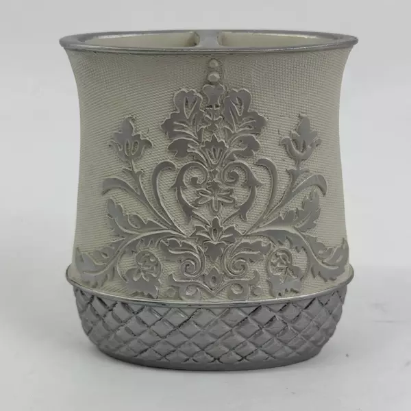 Gray and Metallic Gray Embossed Floral Pattern Toothbrush Holder