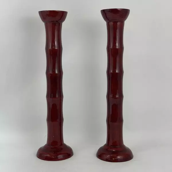 Set of 2 Red Bamboo Stalk Pattern Pillar Candle Holders 19.5 Inch