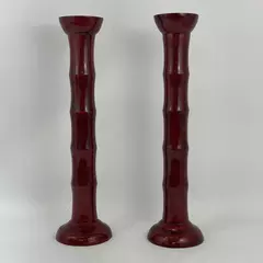 Set of 2 Red Bamboo Stalk Pattern Pillar Candle Holders 19.5 Inch