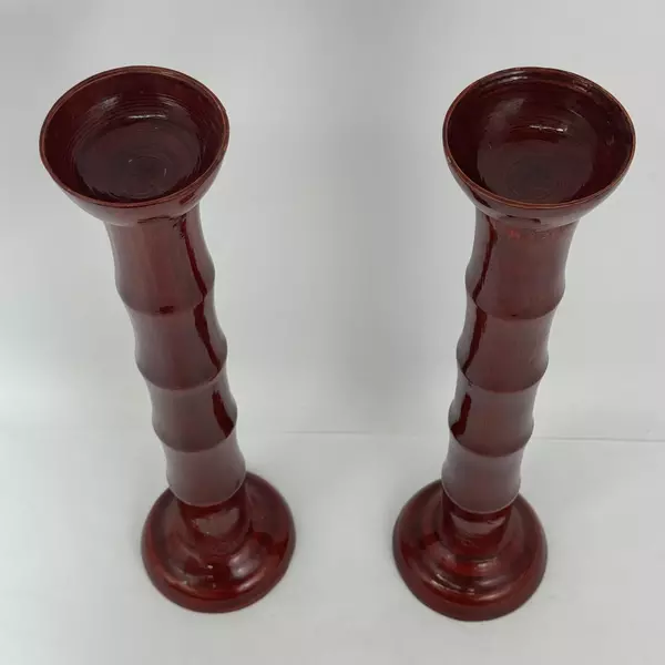 Set of 2 Red Bamboo Stalk Pattern Pillar Candle Holders 19.5 Inch