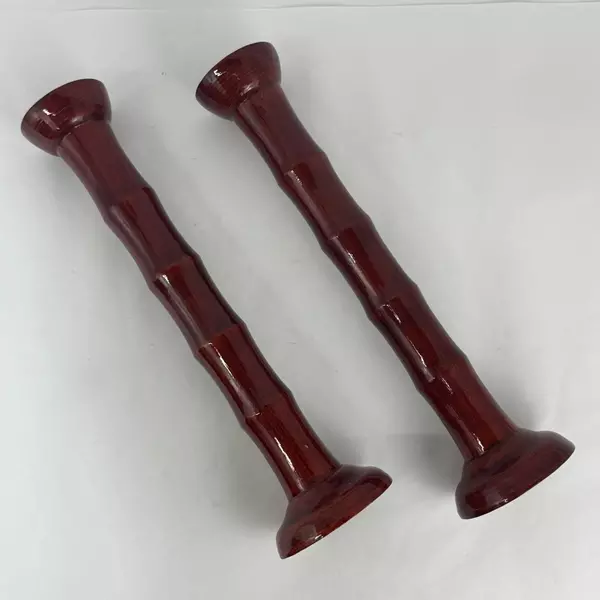 Set of 2 Red Bamboo Stalk Pattern Pillar Candle Holders 19.5 Inch