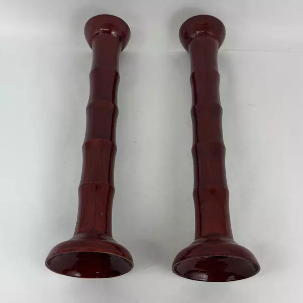 Set of 2 Red Bamboo Stalk Pattern Pillar Candle Holders 19.5 Inch