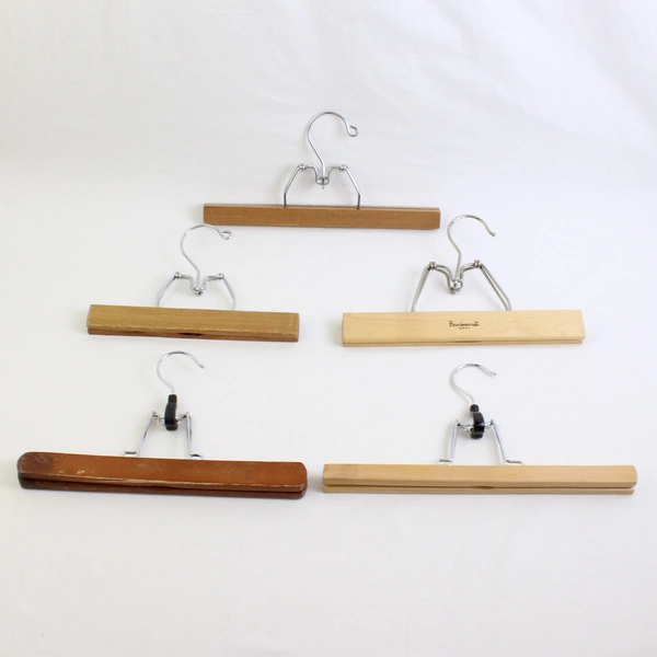 Lot of 5 Various Vintage Spring Clamp Wooden Pants Hangers With Metal Hooks 