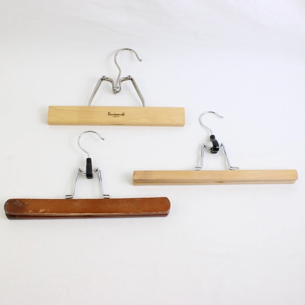 Lot of 5 Various Vintage Spring Clamp Wooden Pants Hangers With Metal Hooks 