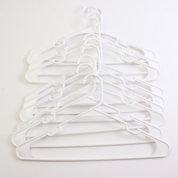 Lot of 10 White Notched Tubular Plastic Clothes Hangers