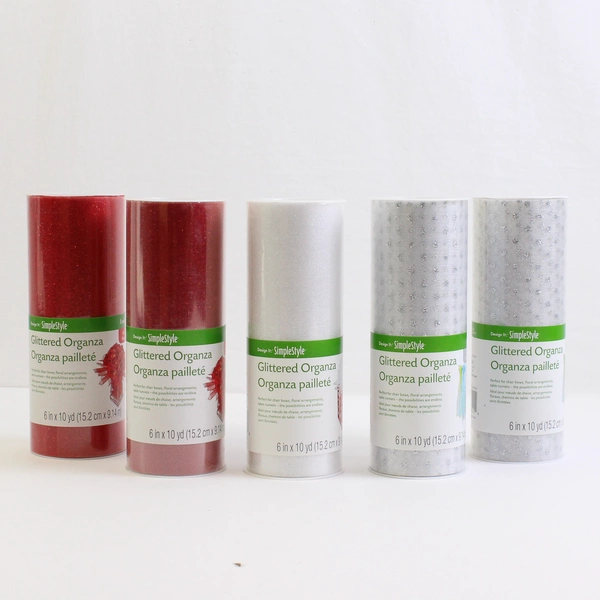 Lot of 5 FloraCraft White and Red Glittered Organza 10 Yard Rolls