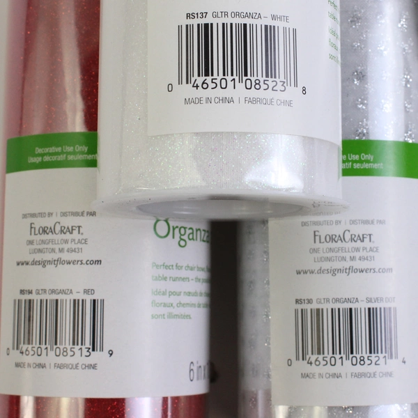Lot of 5 FloraCraft White and Red Glittered Organza 10 Yard Rolls