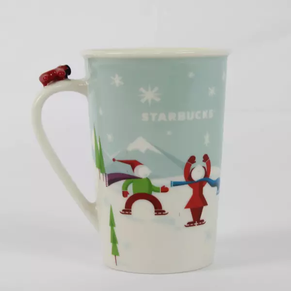 2011 Starbucks Winter Scene Mug Cup Red Airplane Handle Ice Skating Sled Flawed