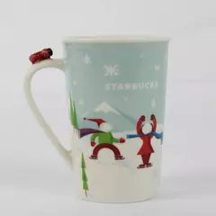 2011 Starbucks Winter Scene Mug Cup Red Airplane Handle Ice Skating Sled Flawed