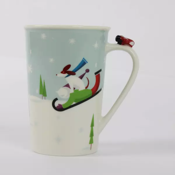 2011 Starbucks Winter Scene Mug Cup Red Airplane Handle Ice Skating Sled Flawed