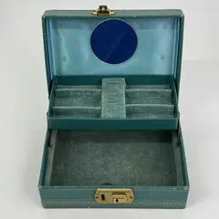 Vintage Teal Cardboard Locking Jewelry Box With Mirror And Key