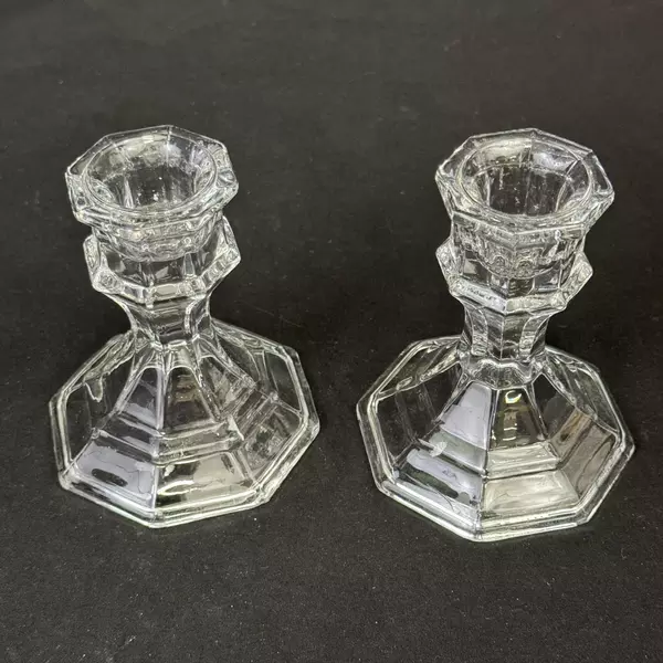 Pair Of Octagon Shaped Clear Glass Taper Candle Holders 5"