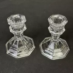 Pair Of Octagon Shaped Clear Glass Taper Candle Holders 5"