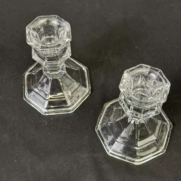 Pair Of Octagon Shaped Clear Glass Taper Candle Holders 5"