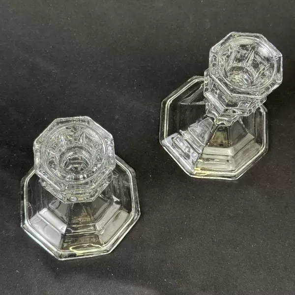 Pair Of Octagon Shaped Clear Glass Taper Candle Holders 5"