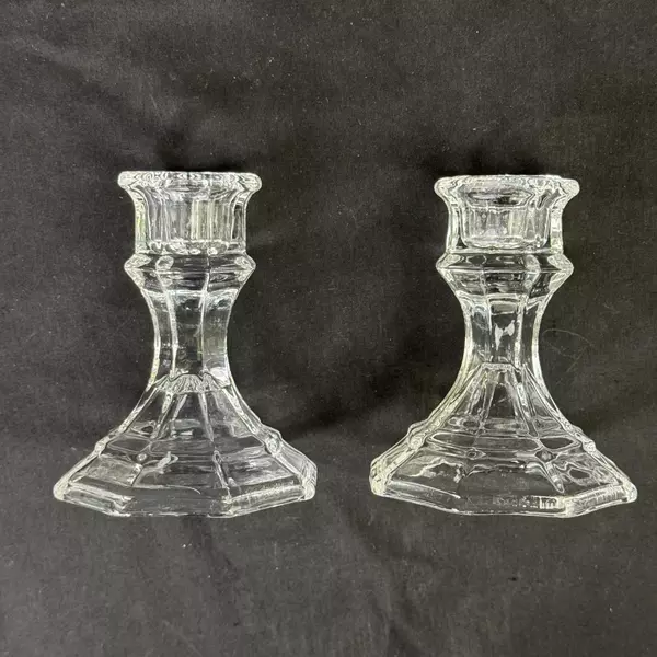 Pair Of Octagon Shaped Clear Glass Taper Candle Holders 5"