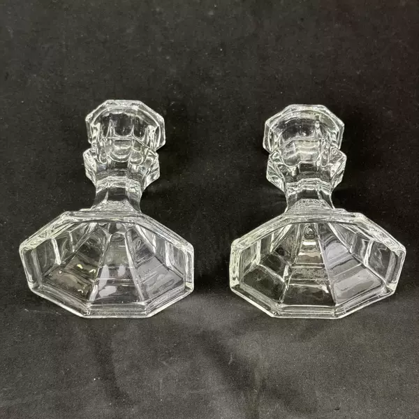 Pair Of Octagon Shaped Clear Glass Taper Candle Holders 5"