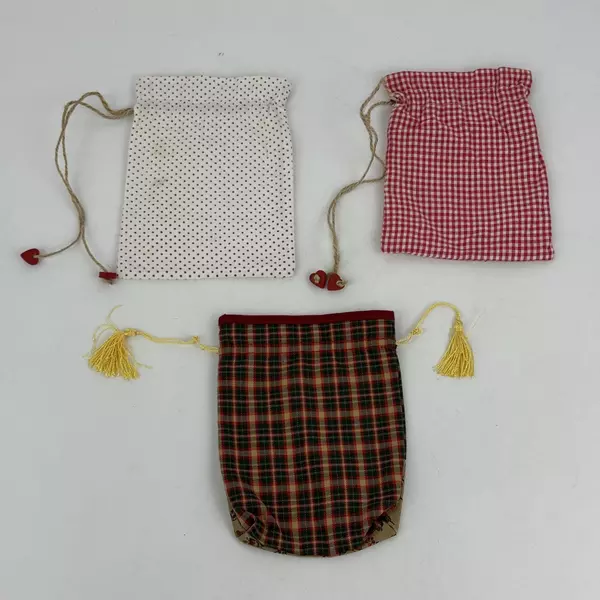 Lot of 4 Cloth Fabric Reusable Handmade Christmas Gift Bags Drawstring Closure