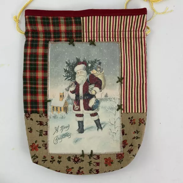 Lot of 4 Cloth Fabric Reusable Handmade Christmas Gift Bags Drawstring Closure