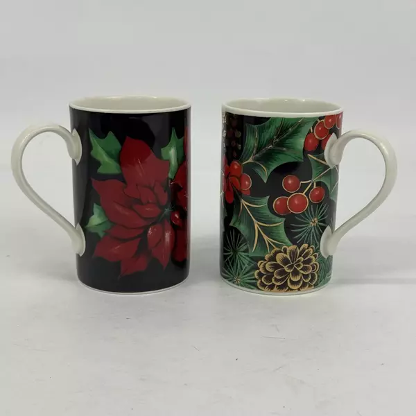Set of 2 Dunoon Caroline Bessie Christmas Stoneware Coffee Mugs Holly Poinsettia