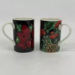 Set of 2 Dunoon Caroline Bessie Christmas Stoneware Coffee Mugs Holly Poinsettia