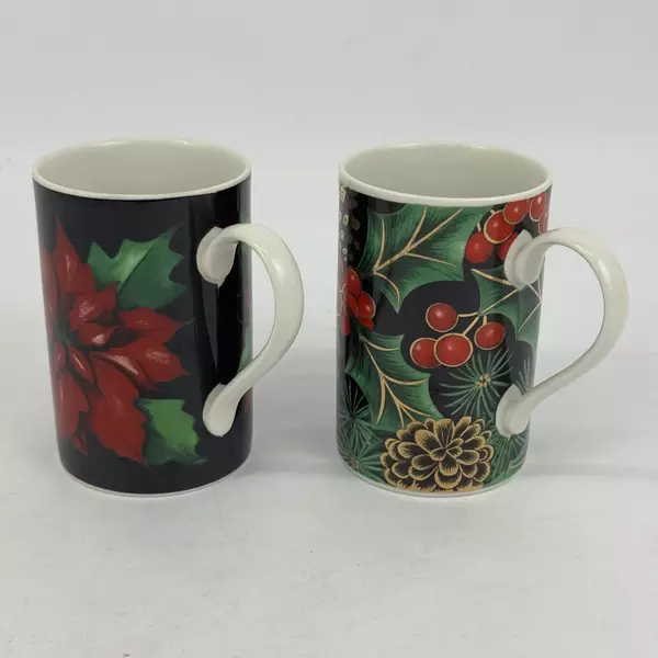 Set of 2 Dunoon Caroline Bessie Christmas Stoneware Coffee Mugs Holly Poinsettia