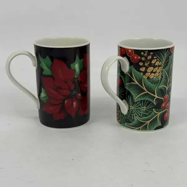 Set of 2 Dunoon Caroline Bessie Christmas Stoneware Coffee Mugs Holly Poinsettia