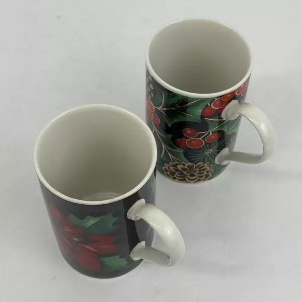 Set of 2 Dunoon Caroline Bessie Christmas Stoneware Coffee Mugs Holly Poinsettia