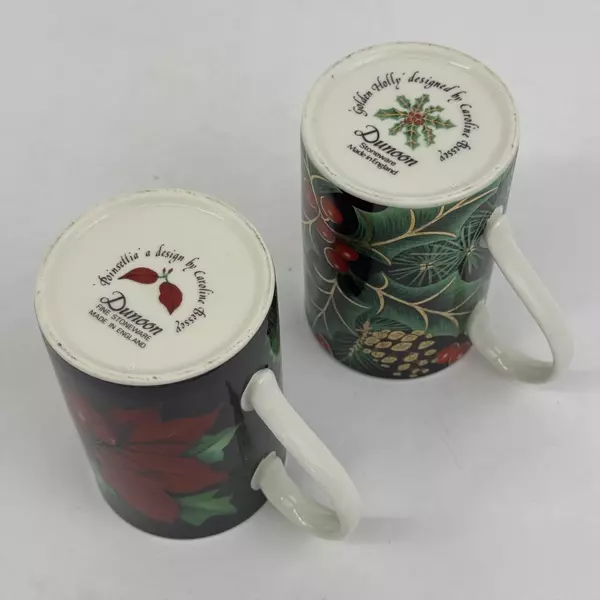 Set of 2 Dunoon Caroline Bessie Christmas Stoneware Coffee Mugs Holly Poinsettia