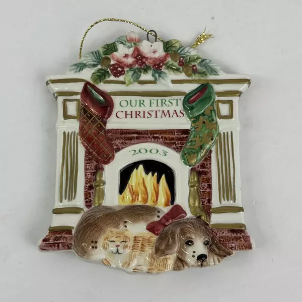Fitz & Floyd Our First 1st Christmas 2003 Ornament Dog & Cat Holiday Memories