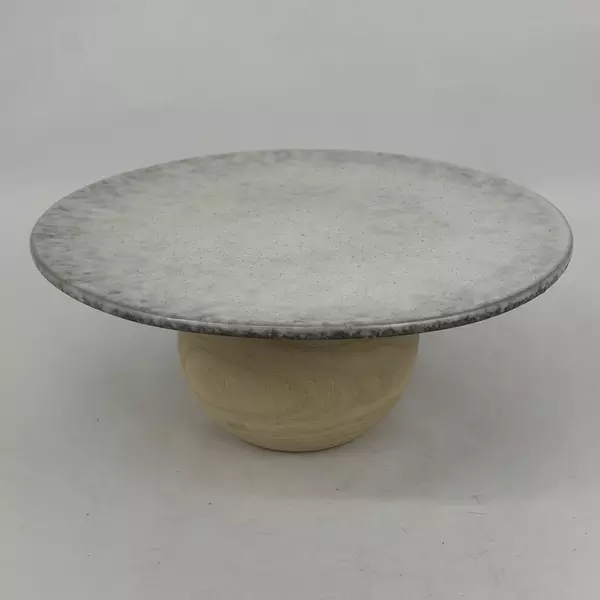 Bloomingville White Speckled Stoneware Pedestal Serving Tray With Wood Base