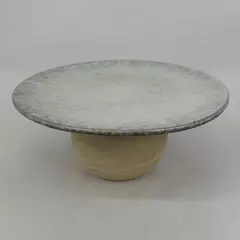 Bloomingville White Speckled Stoneware Pedestal Serving Tray With Wood Base