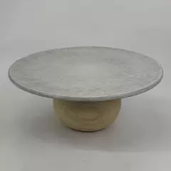 Bloomingville White Speckled Stoneware Pedestal Serving Tray Wood Base Chipped