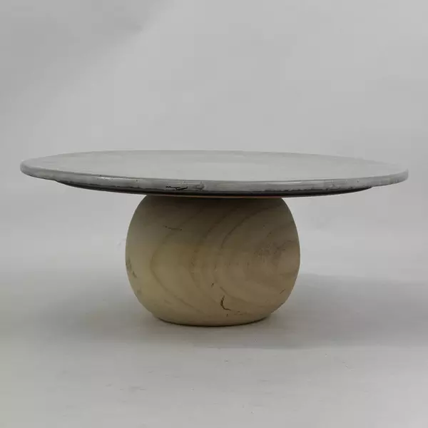 Bloomingville White Speckled Stoneware Pedestal Serving Tray Wood Base Chipped